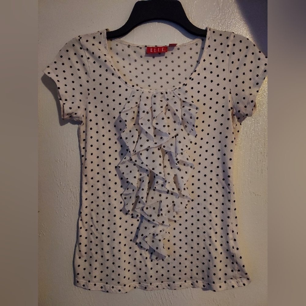 Elle Women's Junior's Blouse Top Polka Dot Ruffled Short Sleeve XS